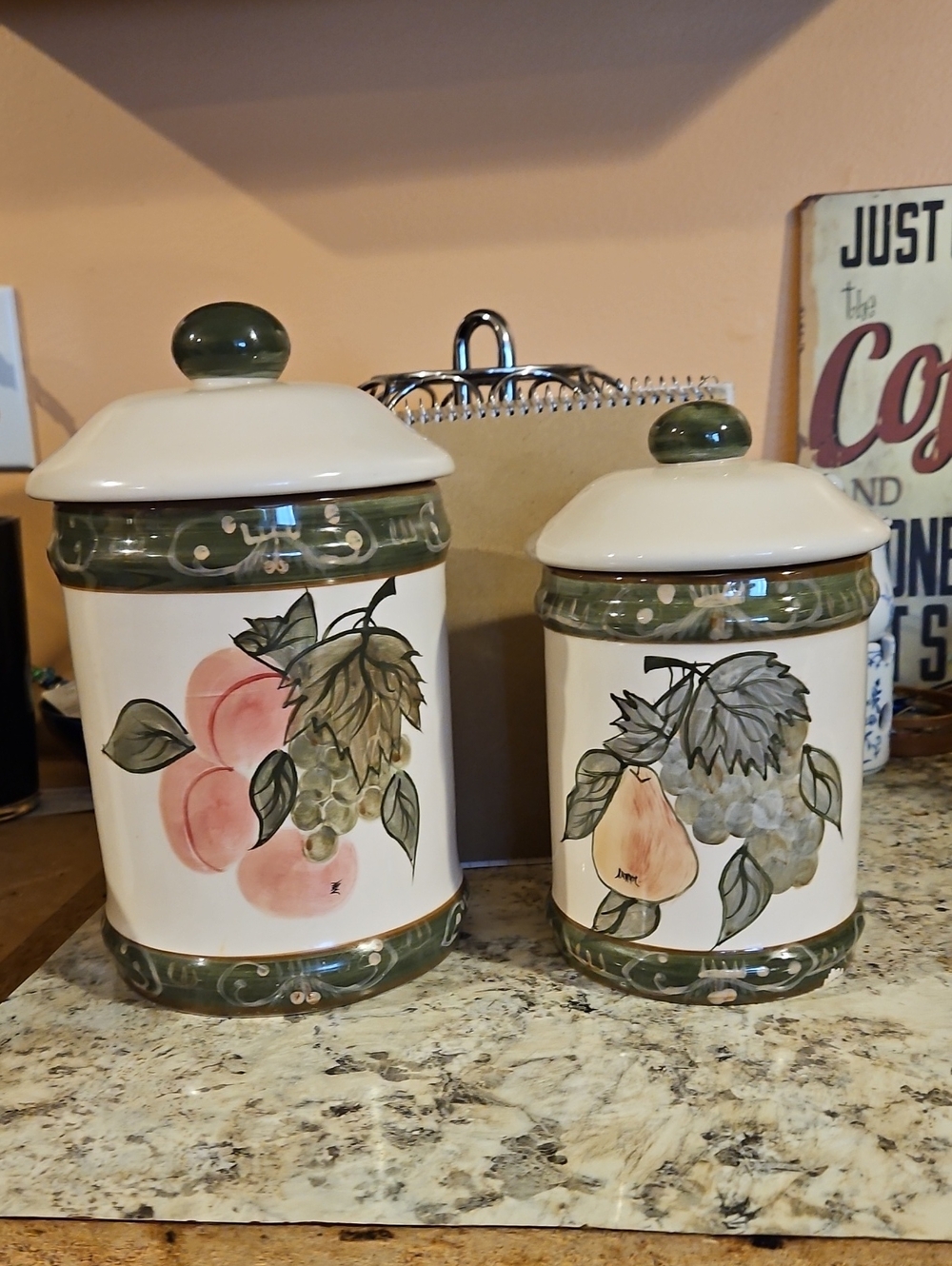 Ceramic Fruit-Pattern Kitchen Canister Set in Cream and Green – 2-Piece